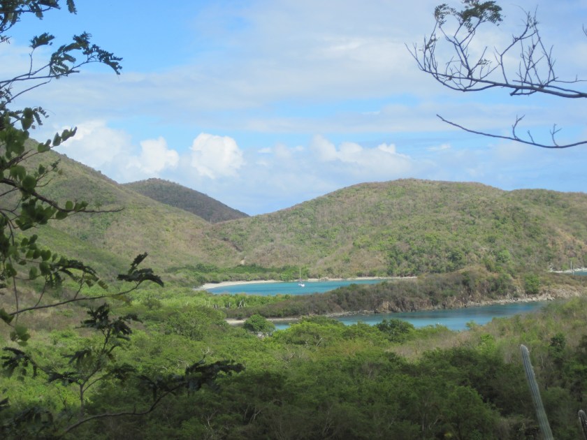 View from Lameshur Trail. Great Lameshur Bay in the distance, Little Lameshur Bay in the foreground. That lone boat in Great Lameshur is ours.